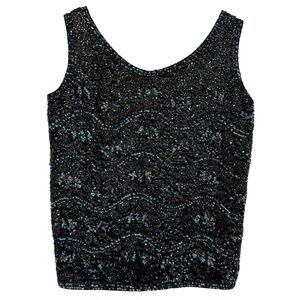 Vtg Cardell 100% Wool Black Beaded Sequined Blouse Scoop Neck Sleeveless Large